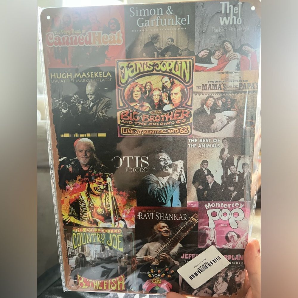 Metal sign with assortment of bands - The Who, Monterey Pop,